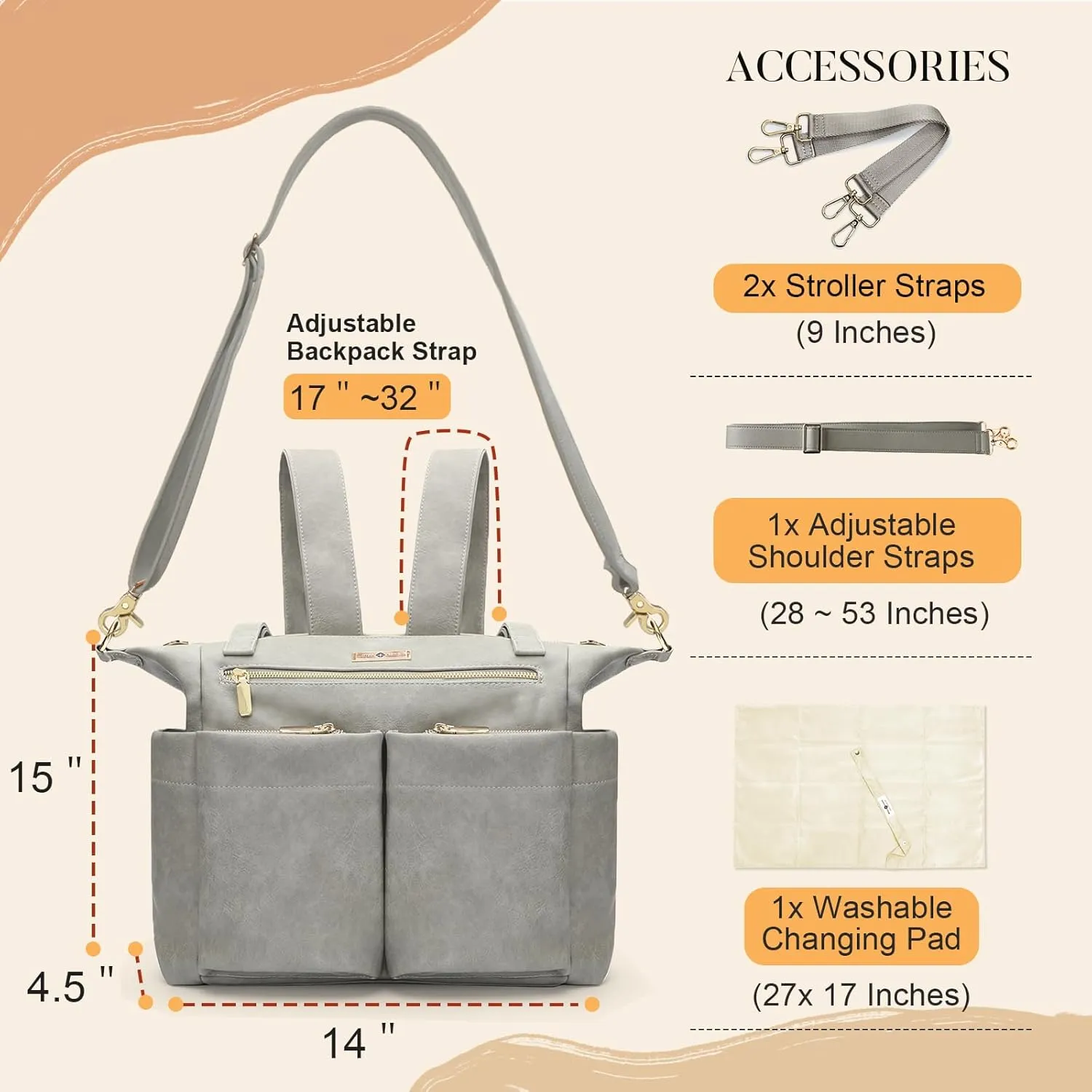 Miss Fong Leather Diaper Tote Backpack - Large Diaper Bag for Girls & Boys with 11 Organizer Pockets, Changing Pad, Stroller Straps, Insulated Pockets