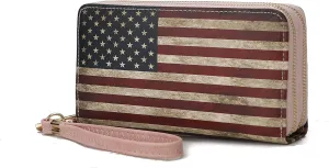 MKF Collection USA Wristlet Wallet for Women's, American Flag Vegan Leather Double Zipper Multi Pocket Small Patriotic Purse