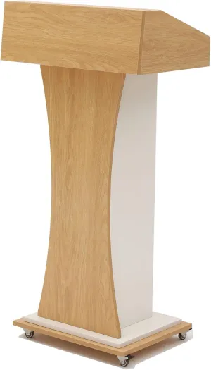 Mobile Wooden Podium Stand with Lockable Wheels Modern Presentation Blockboard Lectern Oak Color with Storage Shelves for Office, Church, Classroom, Conference Room