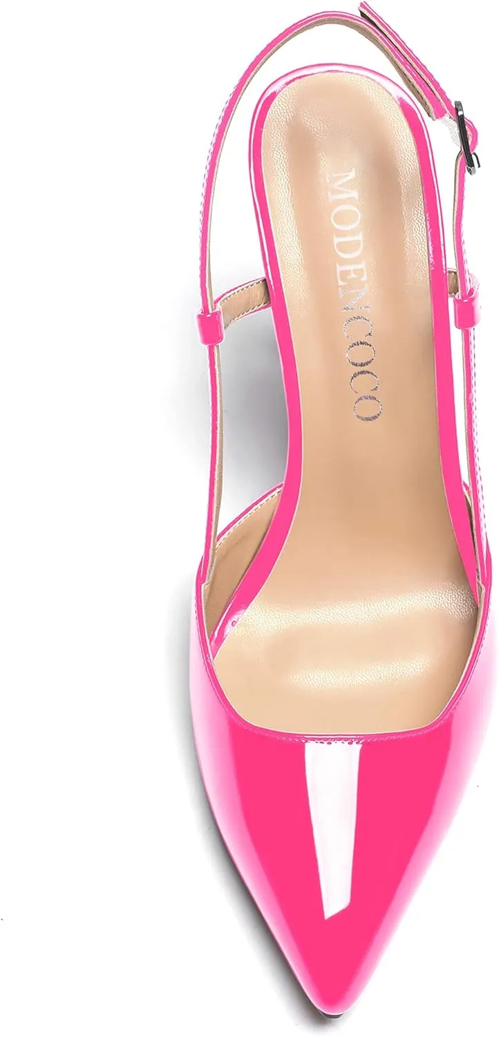 MODENCOCO Women's Patent Leather Ankle Strap Slingback Pointed Toe Kitten Low Heel Pumps Business Office Work Dress Shoes 1.5 Inch
