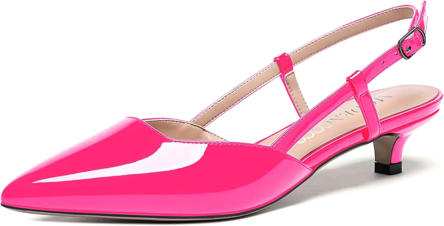 MODENCOCO Women's Patent Leather Ankle Strap Slingback Pointed Toe Kitten Low Heel Pumps Business Office Work Dress Shoes 1.5 Inch