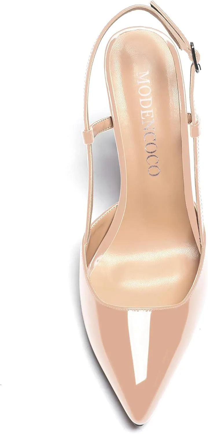 MODENCOCO Women's Patent Leather Ankle Strap Slingback Pointed Toe Kitten Low Heel Pumps Business Office Work Dress Shoes 1.5 Inch
