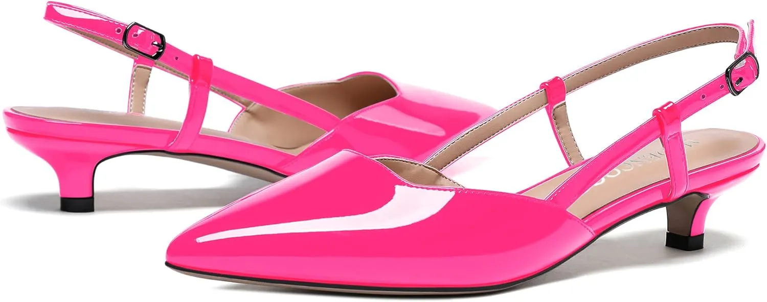 MODENCOCO Women's Patent Leather Ankle Strap Slingback Pointed Toe Kitten Low Heel Pumps Business Office Work Dress Shoes 1.5 Inch