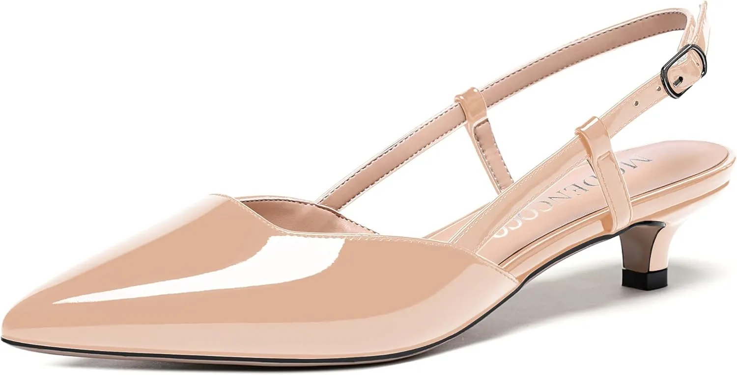 MODENCOCO Women's Patent Leather Ankle Strap Slingback Pointed Toe Kitten Low Heel Pumps Business Office Work Dress Shoes 1.5 Inch