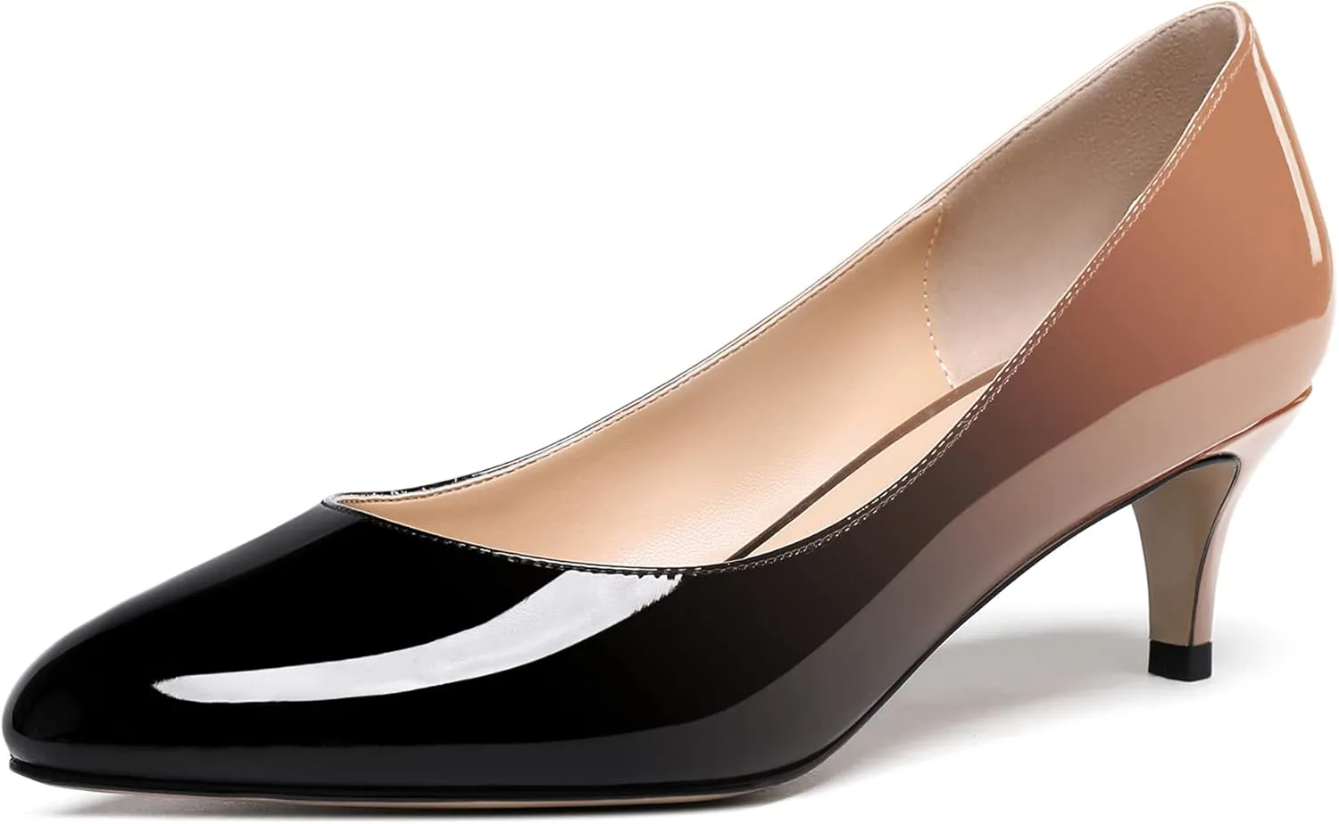 MODENCOCO Women's Round Toe Slip On Patent Leather Kitten Low Heel Pumps Shoes for Business Office Work 2 Inch