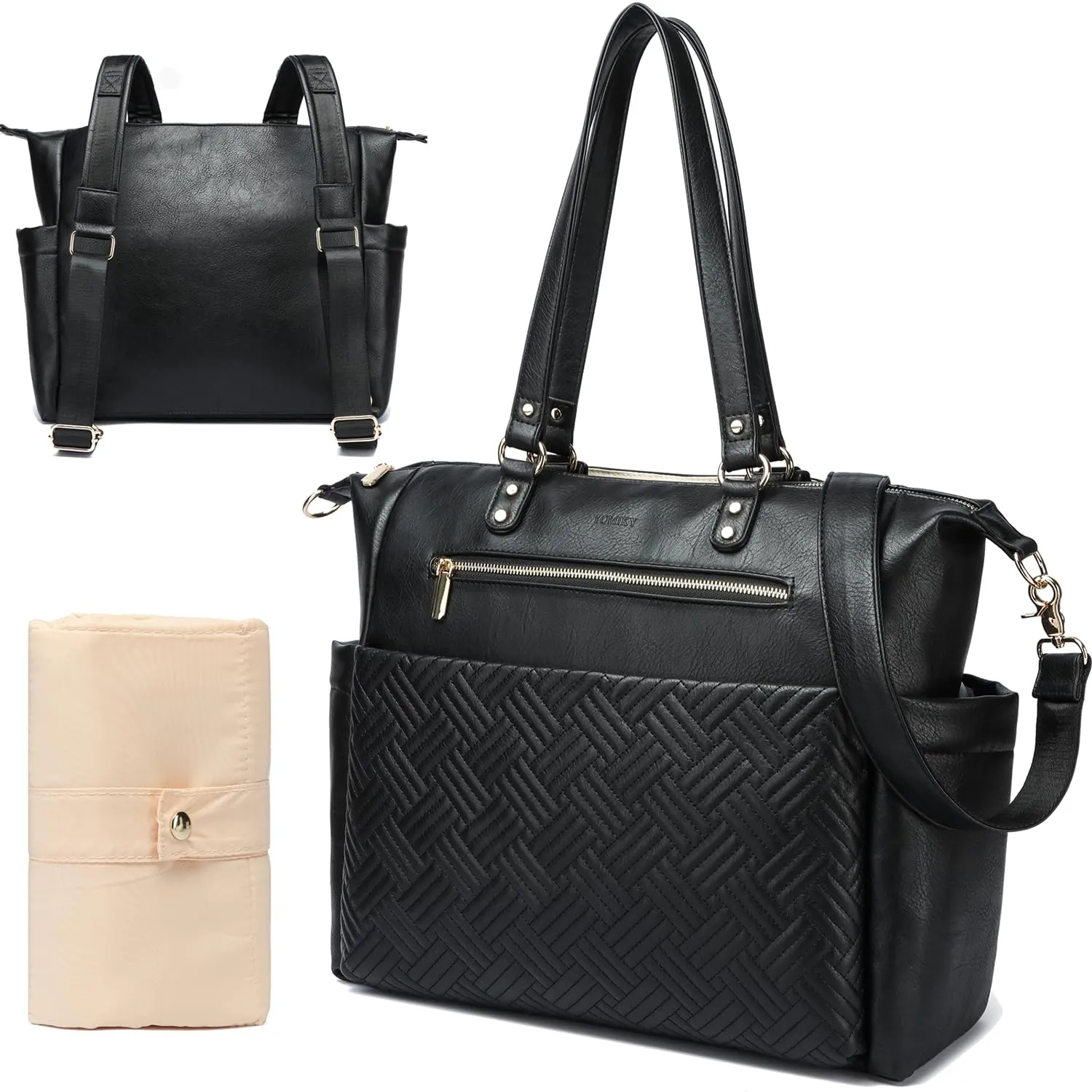 Modern Leather Diaper Tote & Backpack with Changing Pad, Multiple Pockets, Laptop Compartment, Black