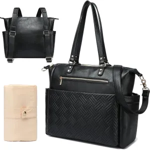 Modern Leather Diaper Tote & Backpack with Changing Pad, Multiple Pockets, Laptop Compartment, Black