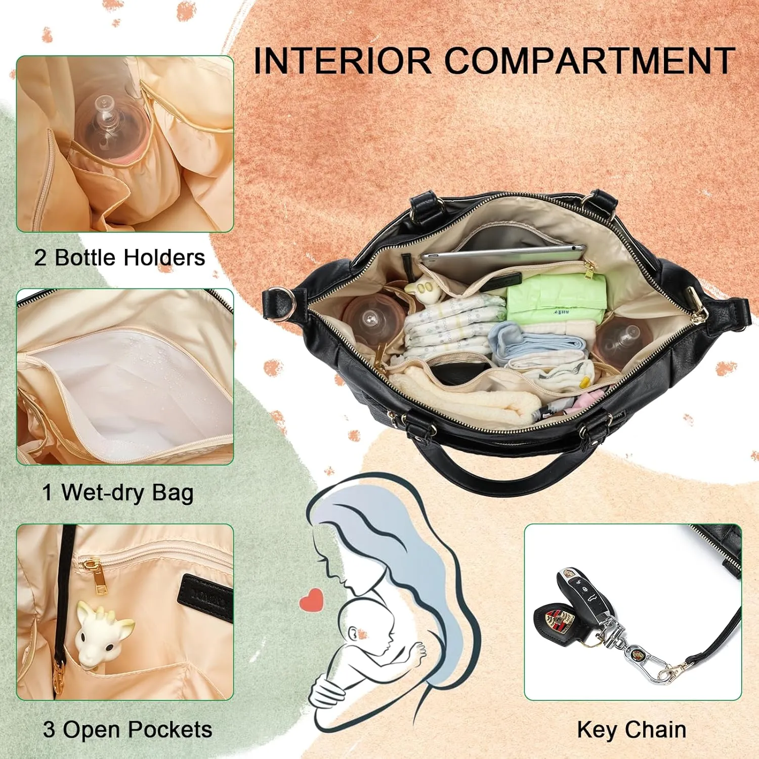 Modern Leather Diaper Tote & Backpack with Changing Pad, Multiple Pockets, Laptop Compartment, Black