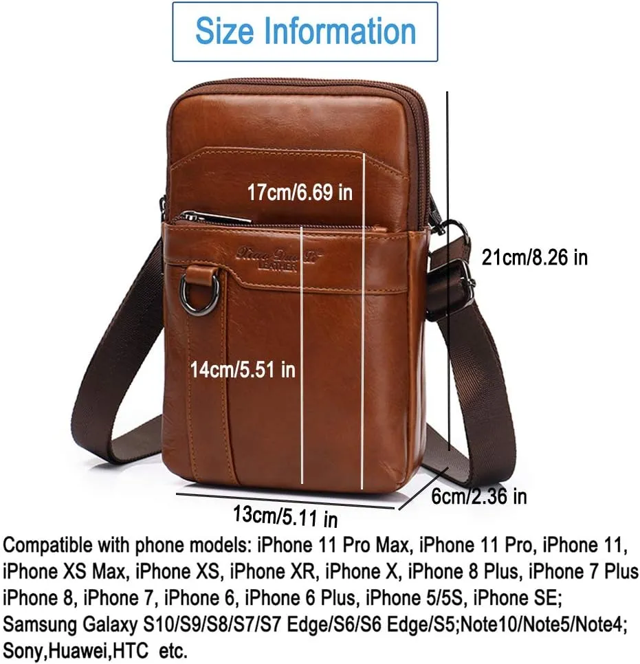 Modern Style Sling Shoulder Bag Men Travel Shoulder Bag Leather Cellphone Pouch Wallet Waist Side Pack for 7.0 inch Style3-Brown