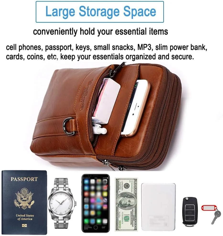 Modern Style Sling Shoulder Bag Men Travel Shoulder Bag Leather Cellphone Pouch Wallet Waist Side Pack for 7.0 inch Style3-Brown