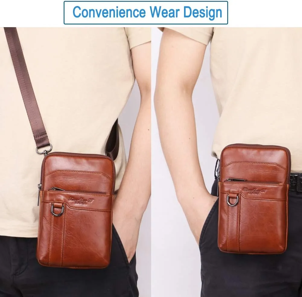 Modern Style Sling Shoulder Bag Men Travel Shoulder Bag Leather Cellphone Pouch Wallet Waist Side Pack for 7.0 inch Style3-Brown