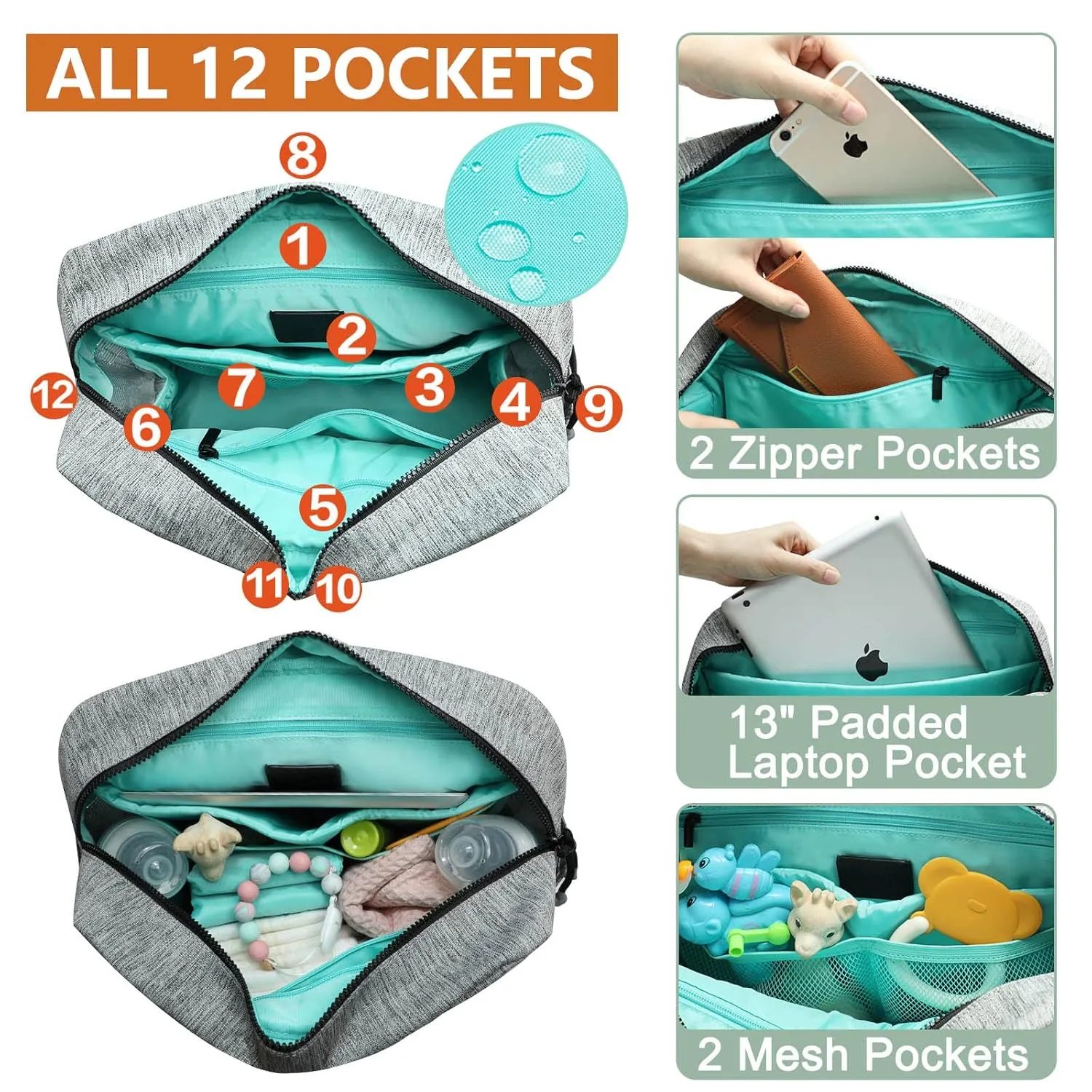 MOMINSIDE Diaper Bag Backpack, Leather & Neoprene Small Diaper Bag, Mini Baby Bag Backpack with 12 Pockets, 4 Insulated Pockets, Changing Pad, Stroller Straps(Grey)