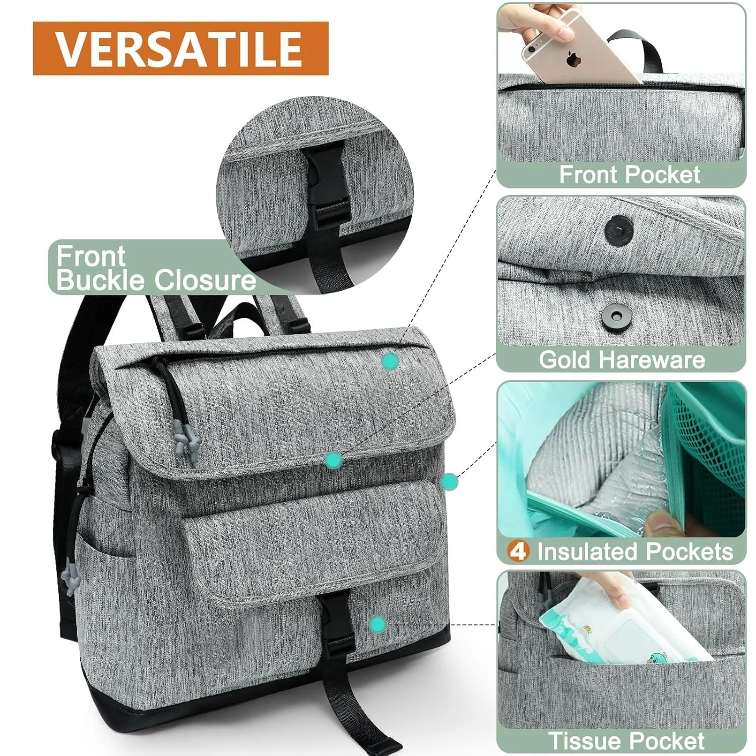 MOMINSIDE Diaper Bag Backpack, Leather & Neoprene Small Diaper Bag, Mini Baby Bag Backpack with 12 Pockets, 4 Insulated Pockets, Changing Pad, Stroller Straps(Grey)