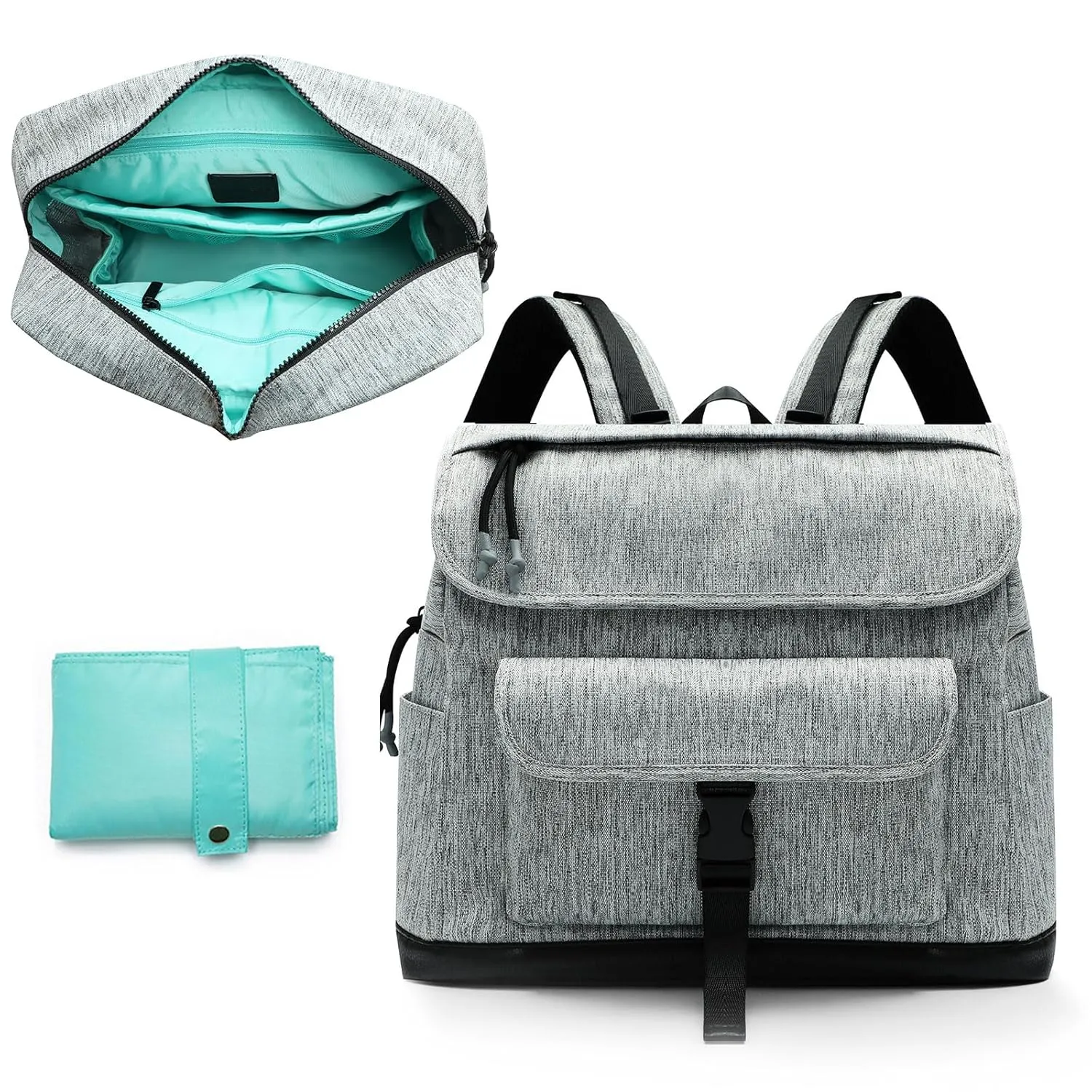 MOMINSIDE Diaper Bag Backpack, Leather & Neoprene Small Diaper Bag, Mini Baby Bag Backpack with 12 Pockets, 4 Insulated Pockets, Changing Pad, Stroller Straps(Grey)