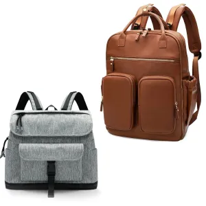 MOMINSIDE Diaper Bag Backpack Leather Backpack with 18 Pockets for Mom Dad, Travel Baby Bag for Boys Girls, 4 Insulated Pockets, Changing Station, Stroller Straps, Brown-Grey