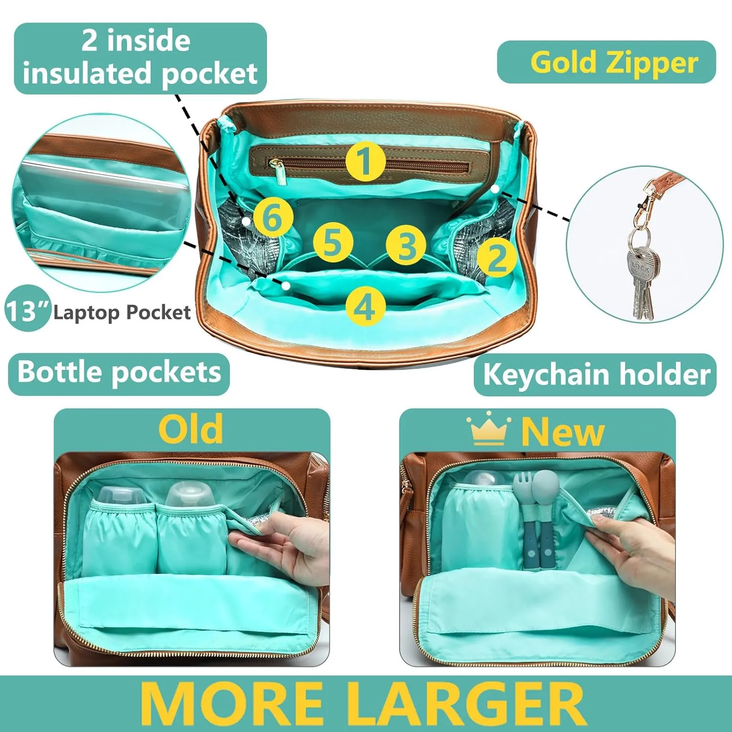 MOMINSIDE Diaper Bag Backpack with 14 Pockets, Leather Baby Bag, Large Capacity, Baby Registry, 4 Insulated Pockets, Wet Dry Bag, Changing Pad, Stroller Straps (Brown)