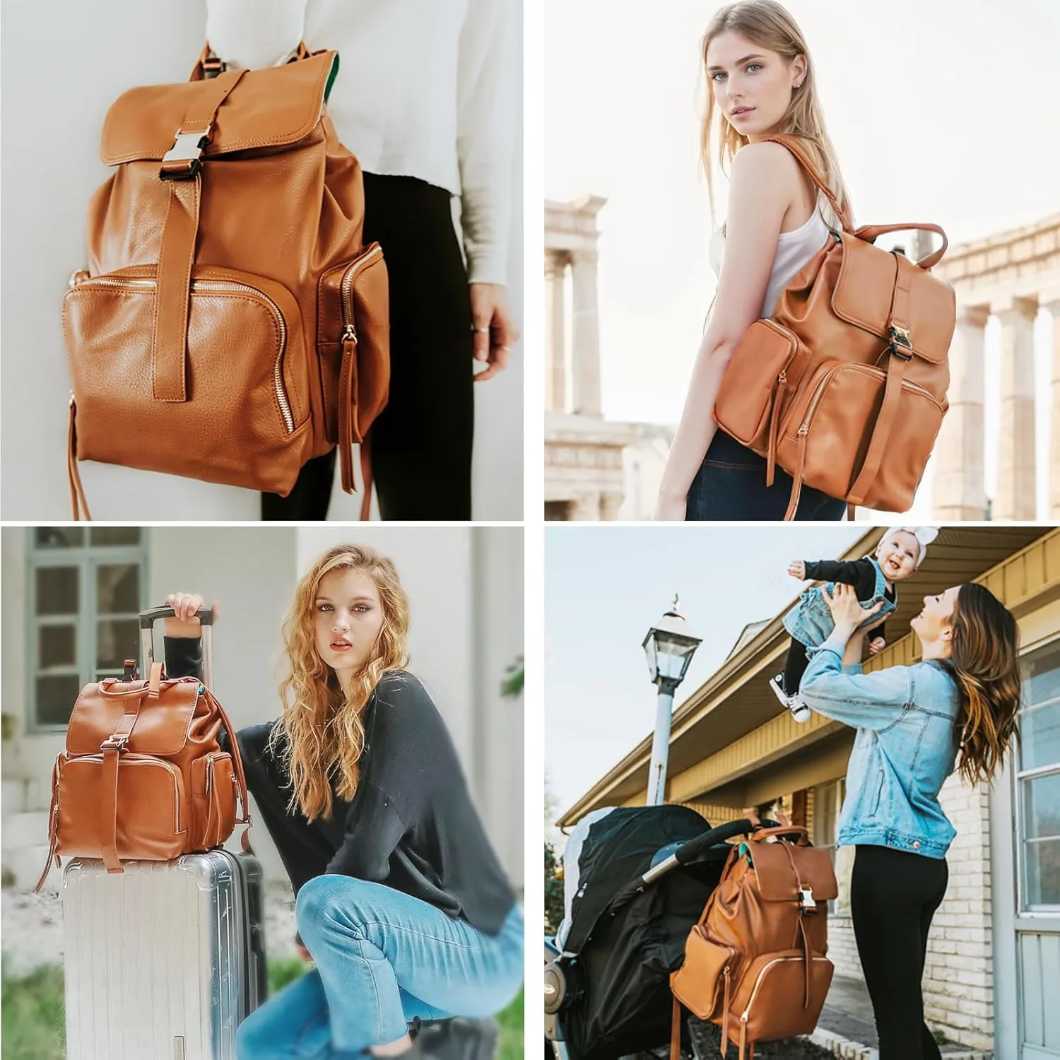 MOMINSIDE Diaper Bag Backpack with 14 Pockets, Leather Baby Bag, Large Capacity, Baby Registry, 4 Insulated Pockets, Wet Dry Bag, Changing Pad, Stroller Straps (Brown)