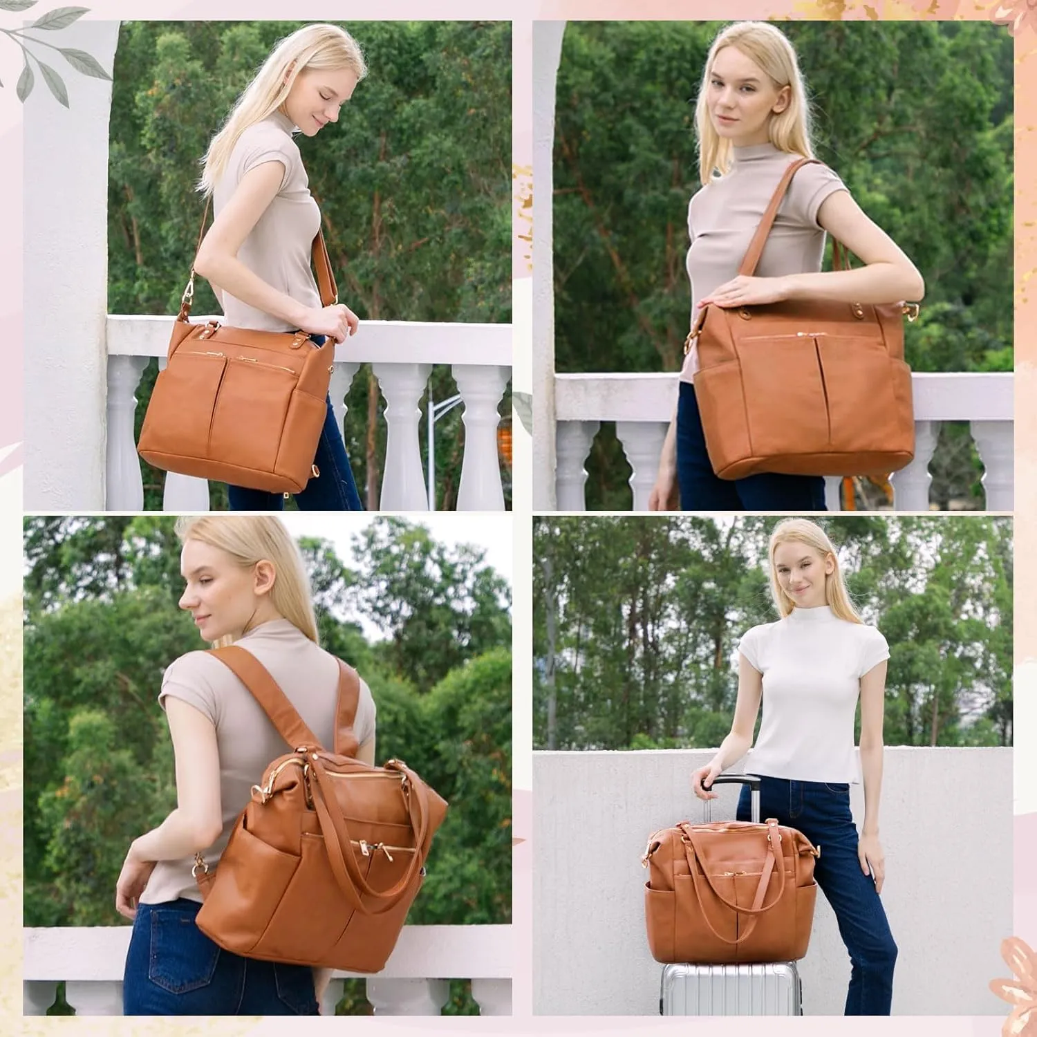 MOMINSIDE Diaper Bag Tote, 4 in 1 Leather Diaper Bag Backpack with 14 Pockets, Convertible Baby Bag for Boys Girls, Baby Registry, Changing Pad, 4 Large Insulated Pockets(Brown)