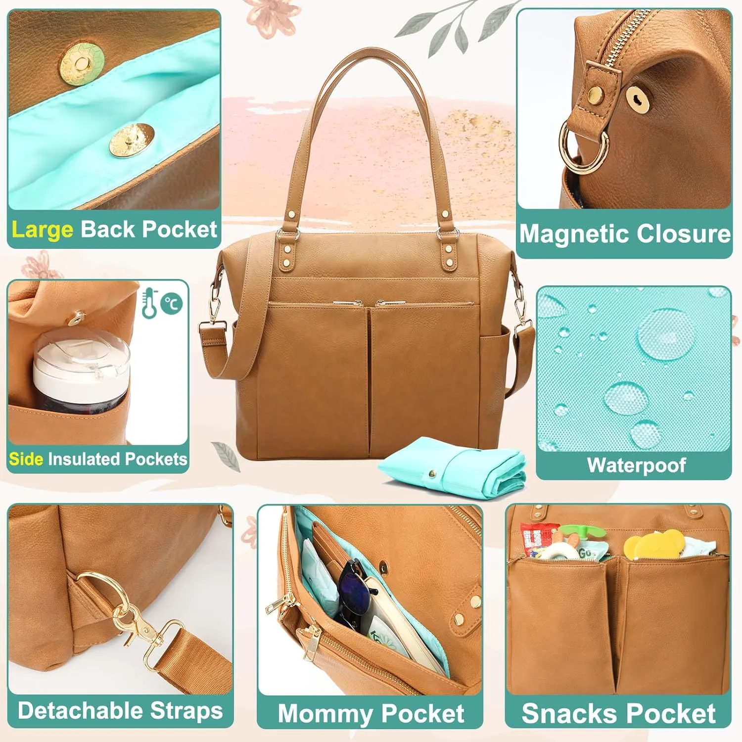 MOMINSIDE Diaper Bag Tote, Leather Diaper Bag Backpack with 14 Pockets for Mom Dad, Convertible Baby Bag for Boys Girls, Baby Registry, Changing Pad, Large 4 Insulated Pockets (Biscuit)