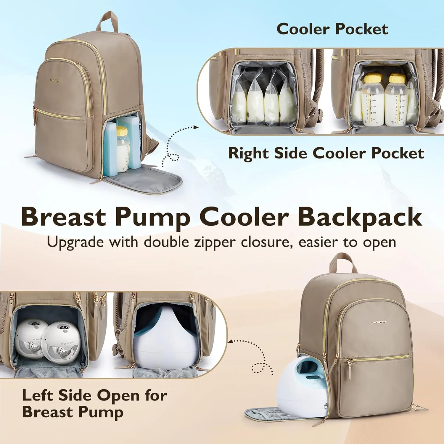 mommore Breast Pump Bag with Cooler Pocket for Milk Storage, Fits Spectra S1, S2 / Medela, Stylish Diaper Bag Backpack with Padded Laptop Sleeve for Work Travel