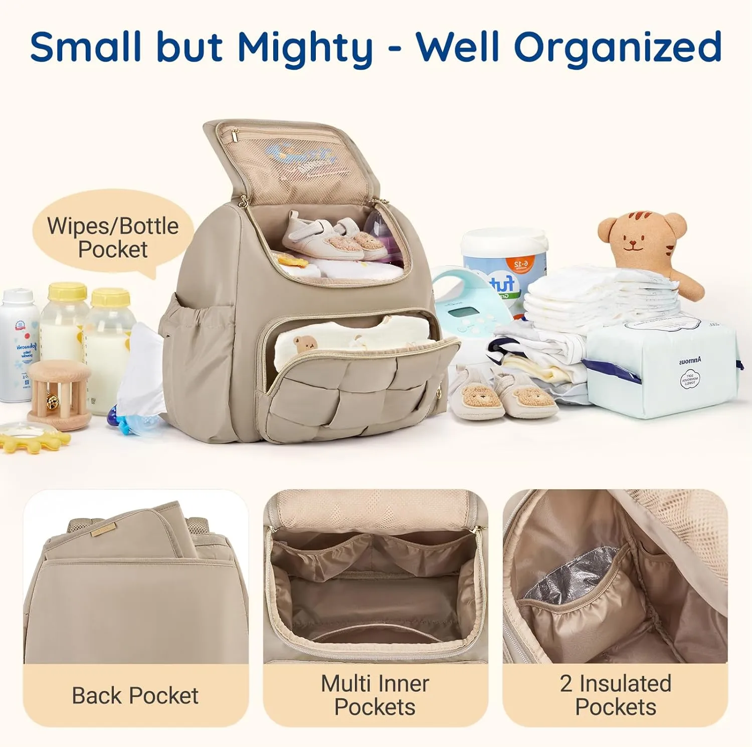 mommore Small Diaper Bag, Mini Baby Diaper Bag, Puffer Quilted Diaper Backpack with Changing Pad, Insulated Pockets, Stroller Strap, Woven Baby Bag for Travel Work