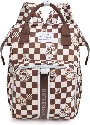 MultiFunction Baby Diaper Bag Backpack Anti Theft Travel Bag with Insulated Pockets Convenient Side Tissue Pocket (Brown Checkerboard)