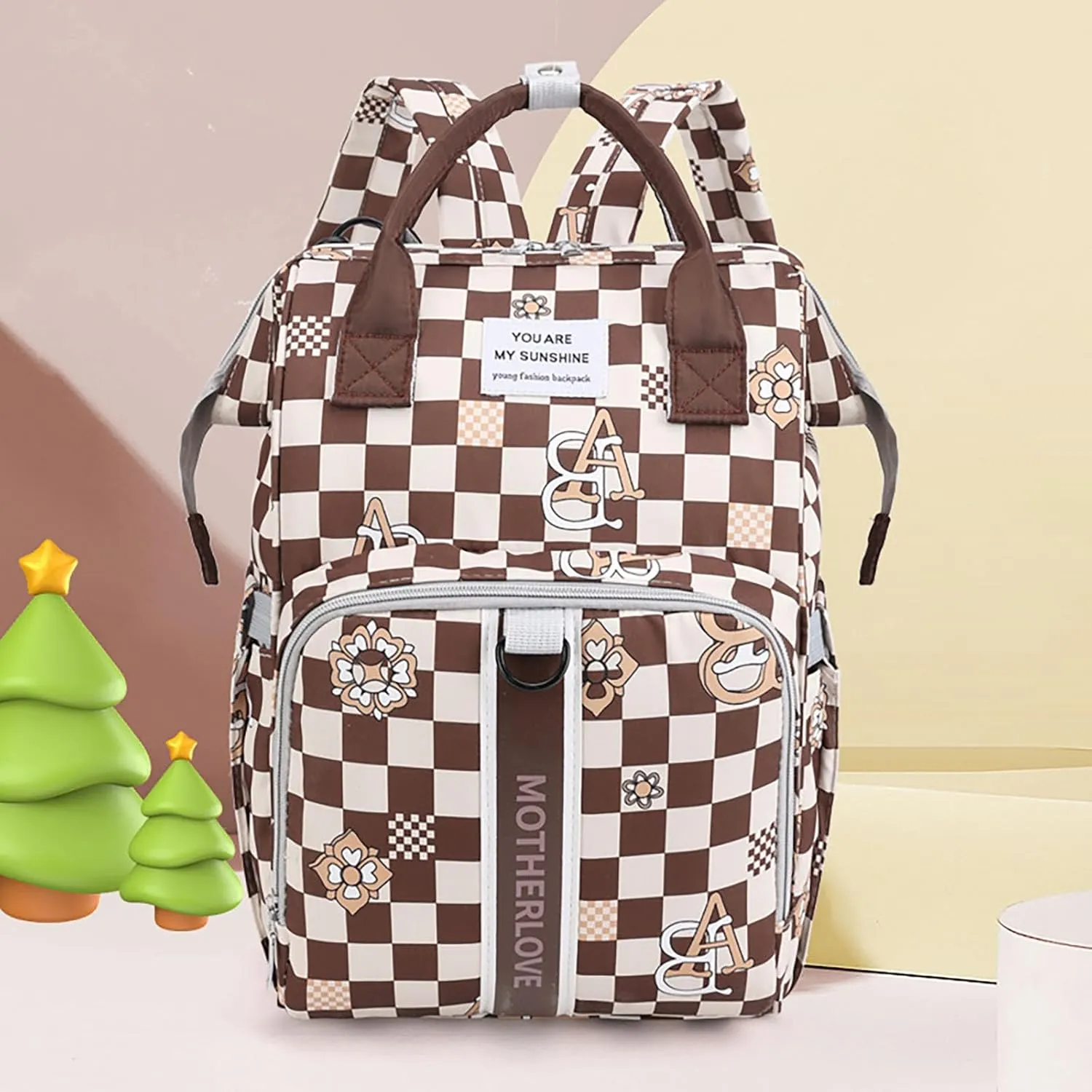 MultiFunction Baby Diaper Bag Backpack Anti Theft Travel Bag with Insulated Pockets Convenient Side Tissue Pocket (Brown Checkerboard)