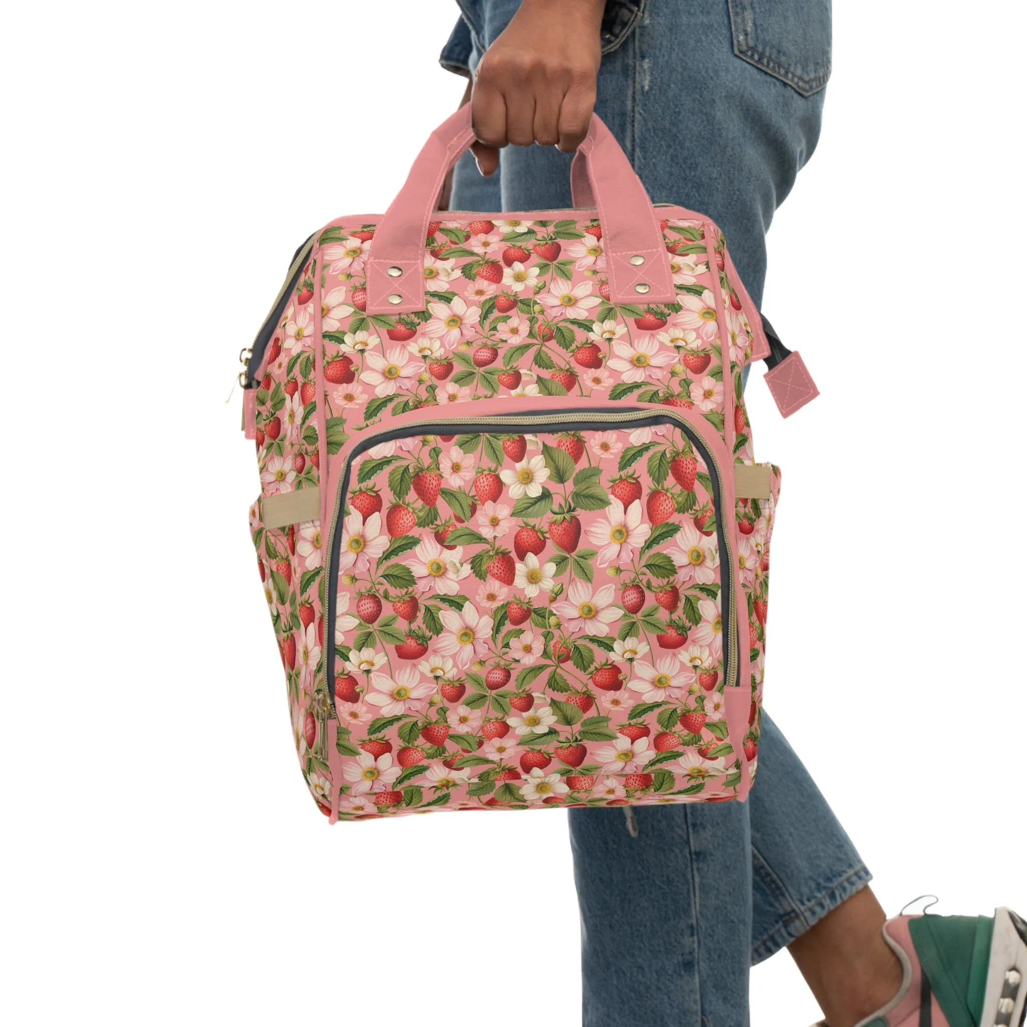Multifunctional Strawberry Diaper Backpack - Convenient Storage for On-the-Go Parents