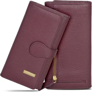 Multiple Card Slots | Trendy Clutch | Purple Leather Ladies Wallet | RFID Blocked | 3 ID Windows | Chic