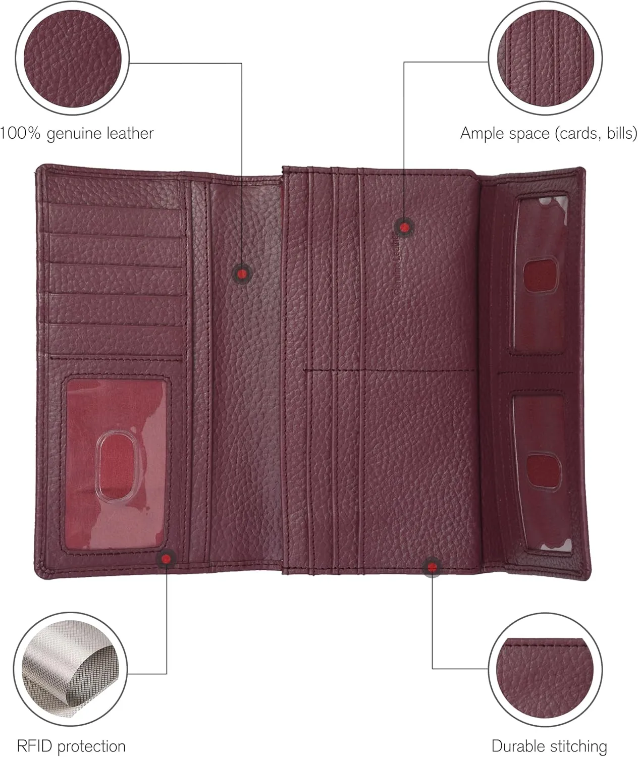 Multiple Card Slots | Trendy Clutch | Purple Leather Ladies Wallet | RFID Blocked | 3 ID Windows | Chic