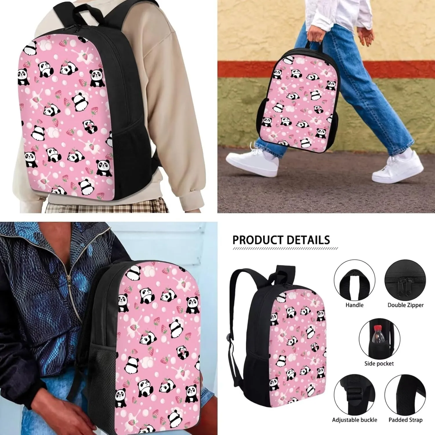 Mumeson Cartoon Panda Backpack Bookbags Kids School Backpack Set and Insulated Lunch Bags with Adjustable Strip,Hand Carrying Small Pencase Pencil Bag