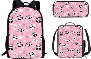Mumeson Cartoon Panda Backpack Bookbags Kids School Backpack Set and Insulated Lunch Bags with Adjustable Strip,Hand Carrying Small Pencase Pencil Bag