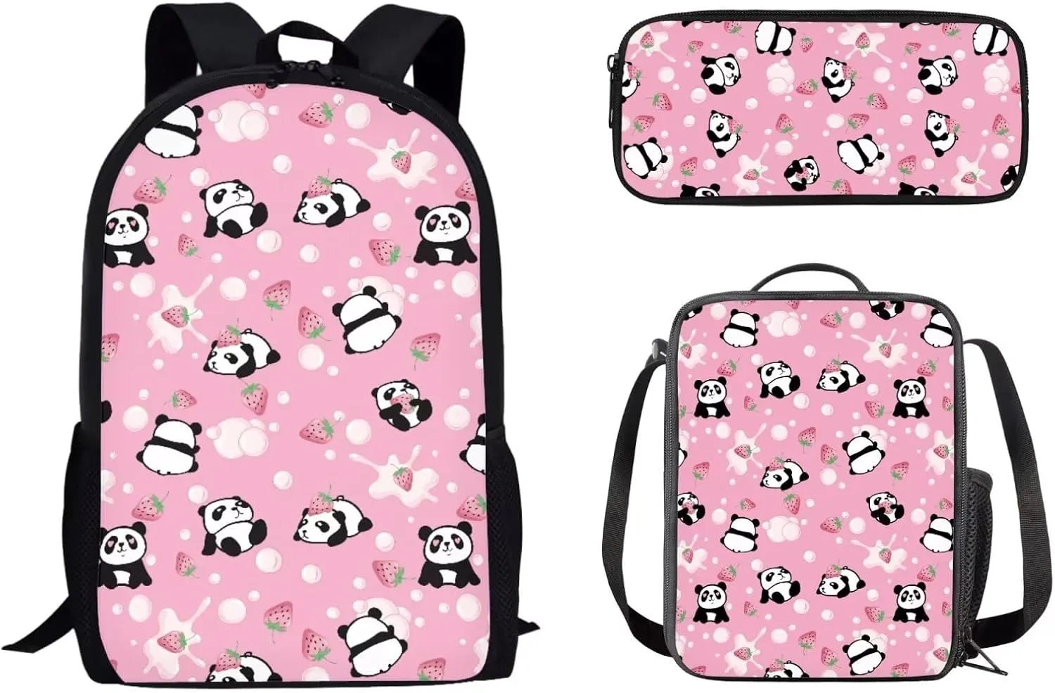 Mumeson Cartoon Panda Backpack Bookbags Kids School Backpack Set and Insulated Lunch Bags with Adjustable Strip,Hand Carrying Small Pencase Pencil Bag