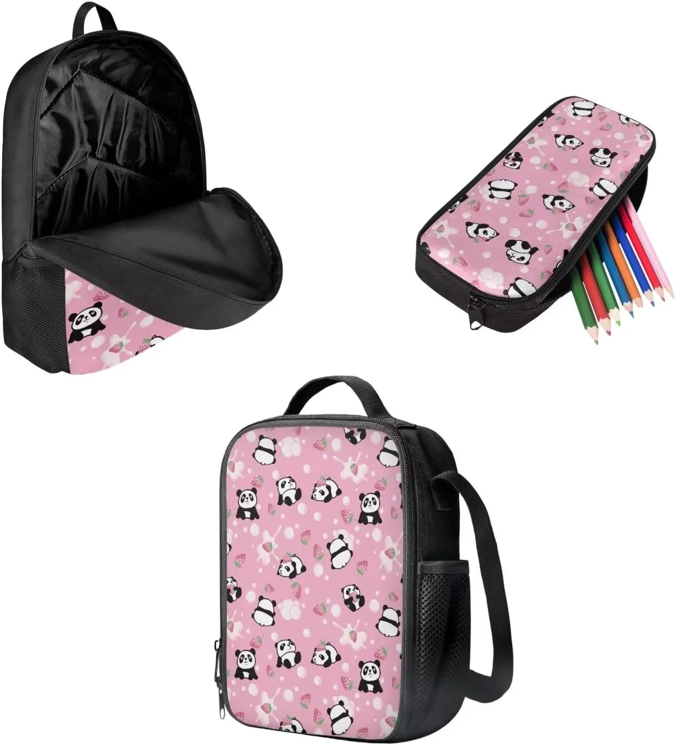 Mumeson Cartoon Panda Backpack Bookbags Kids School Backpack Set and Insulated Lunch Bags with Adjustable Strip,Hand Carrying Small Pencase Pencil Bag
