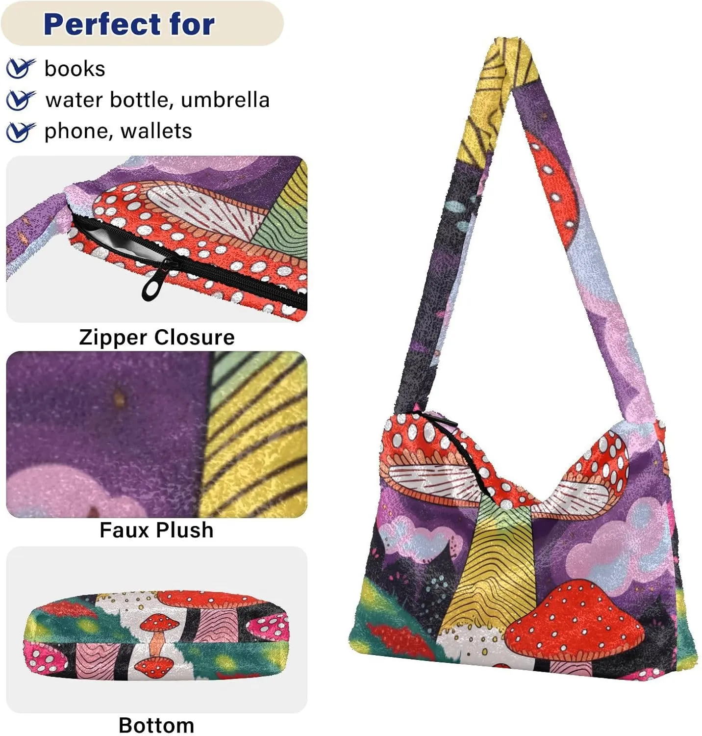 Mushroom Botanical Garden Shoulder Bag, Plush Hand Bag, Zipper Shoulder Bag for Women