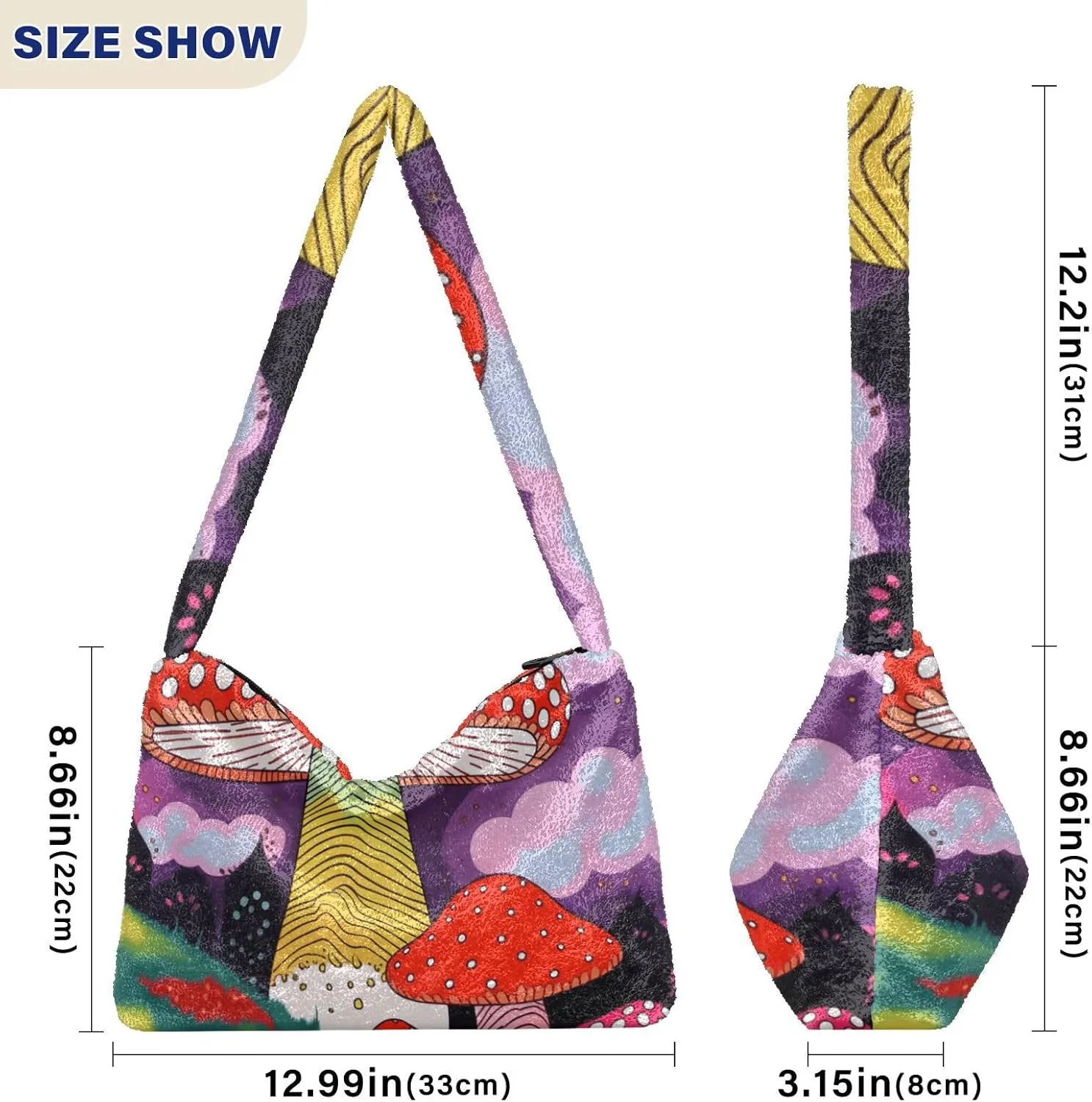 Mushroom Botanical Garden Shoulder Bag, Plush Hand Bag, Zipper Shoulder Bag for Women