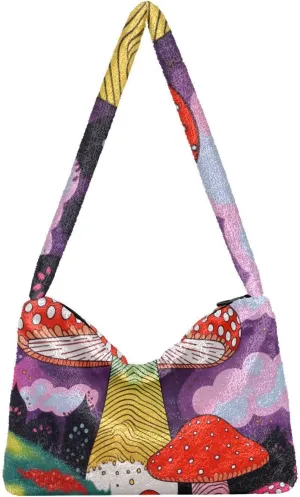 Mushroom Botanical Garden Shoulder Bag, Plush Hand Bag, Zipper Shoulder Bag for Women