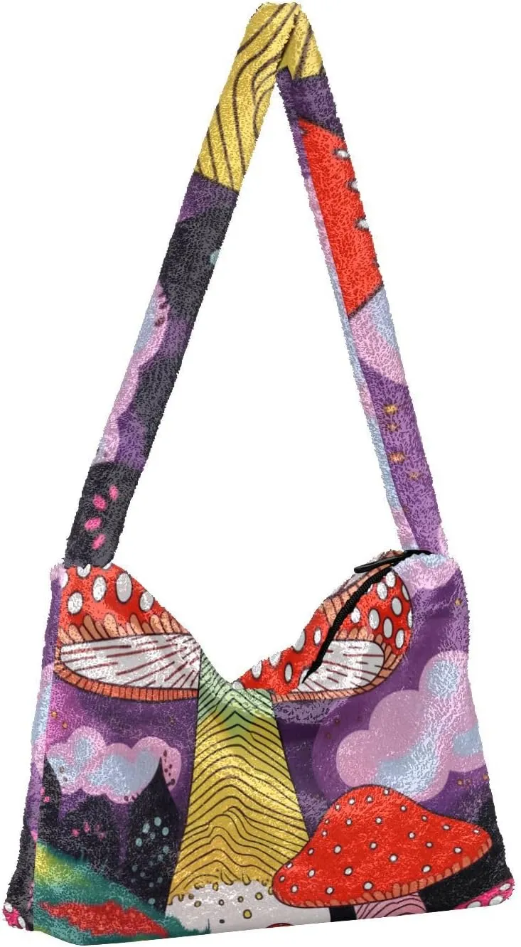 Mushroom Botanical Garden Shoulder Bag, Plush Hand Bag, Zipper Shoulder Bag for Women