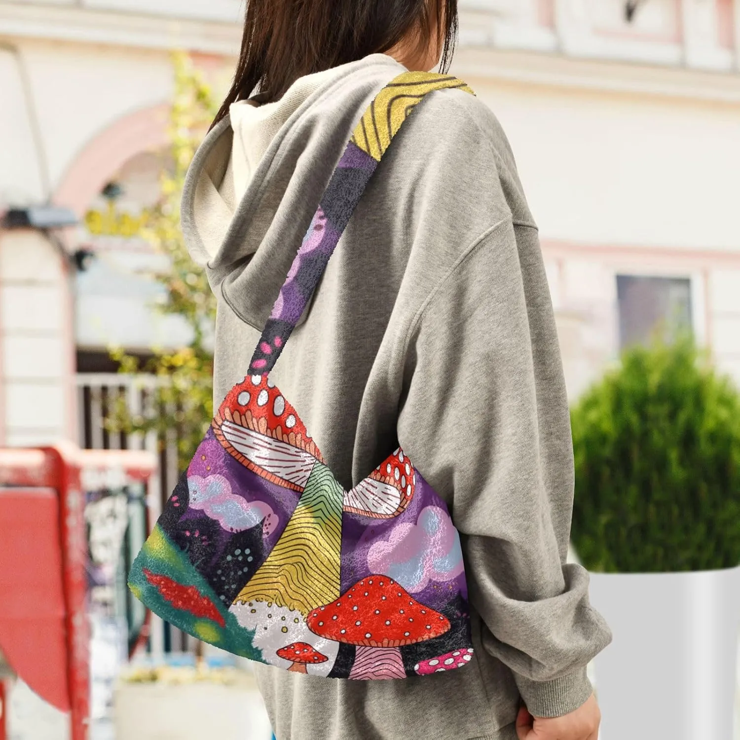 Mushroom Botanical Garden Shoulder Bag, Plush Hand Bag, Zipper Shoulder Bag for Women