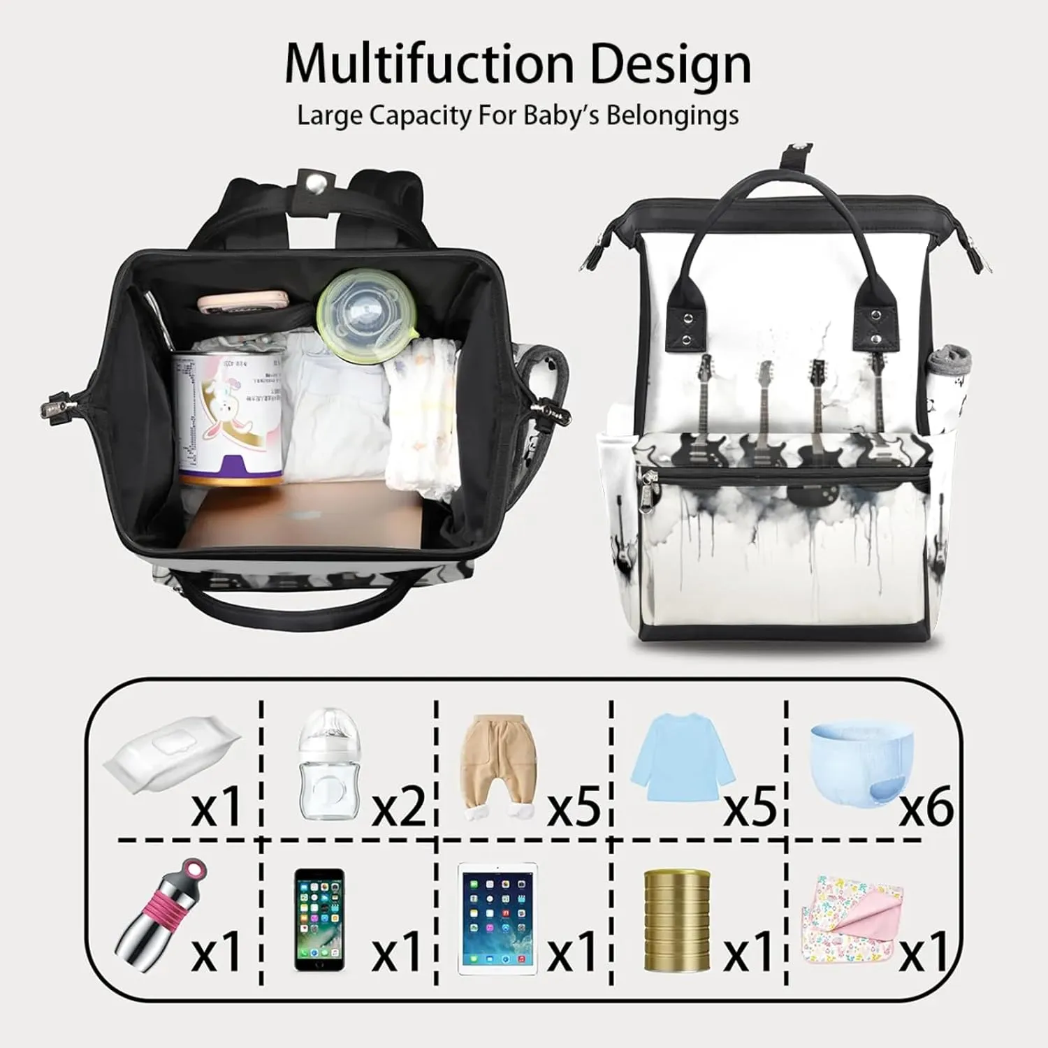 Music Guitar Waterproof Diaper Bag Backpack Large Capacity Baby Bag with Stroller Straps, Multi-Pocket Diaper Bag Unisex Baby Travel Essentials Shower Gift