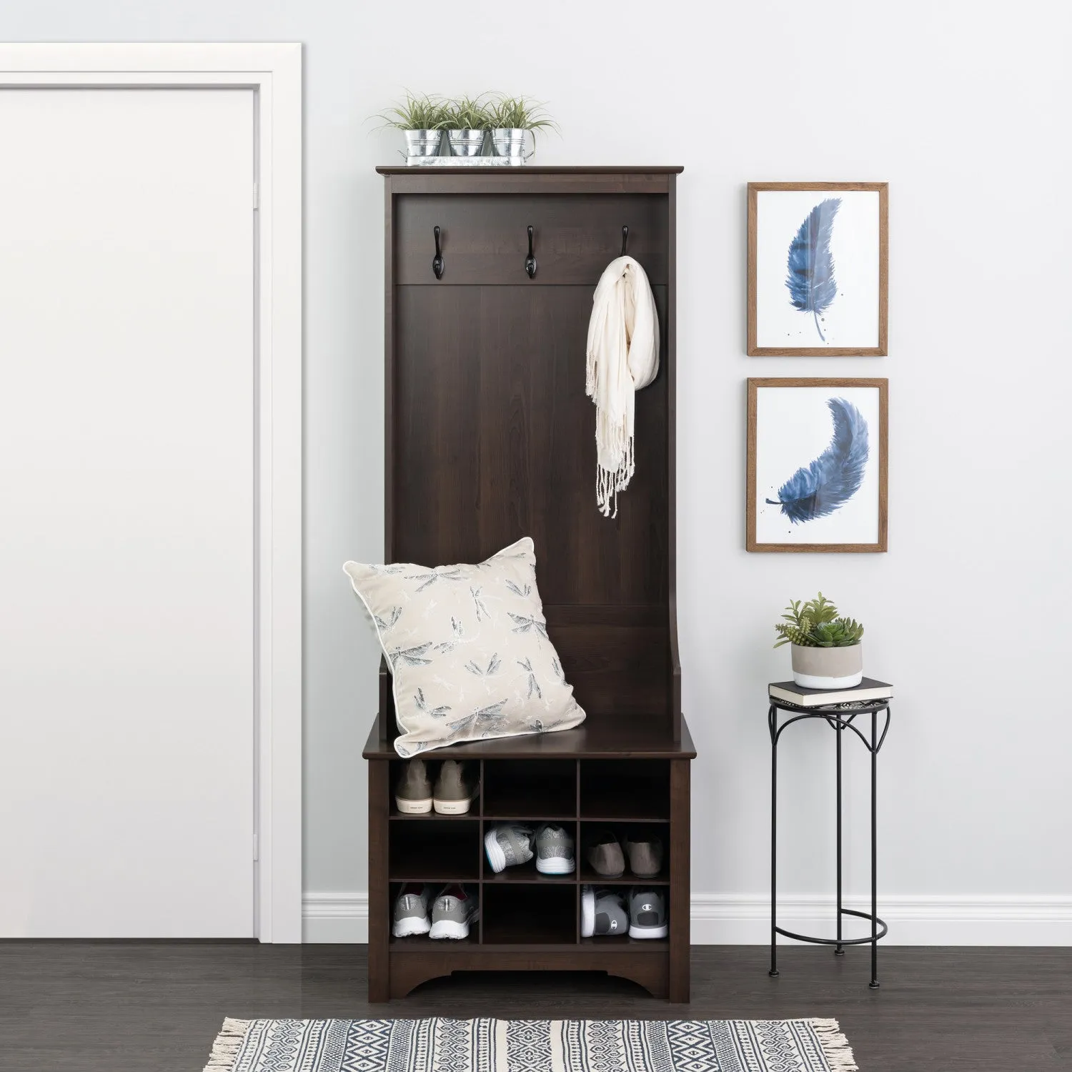 Narrow Hall Tree with Nine Shoe Cubbies - Espresso|Portemanteau étroit avec 9 compartiments à chaussures - espresso