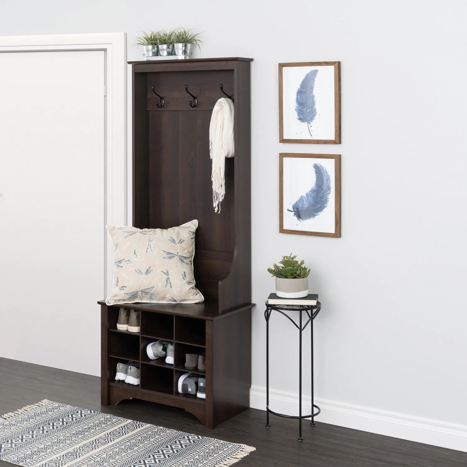 Narrow Hall Tree with Nine Shoe Cubbies - Espresso|Portemanteau étroit avec 9 compartiments à chaussures - espresso