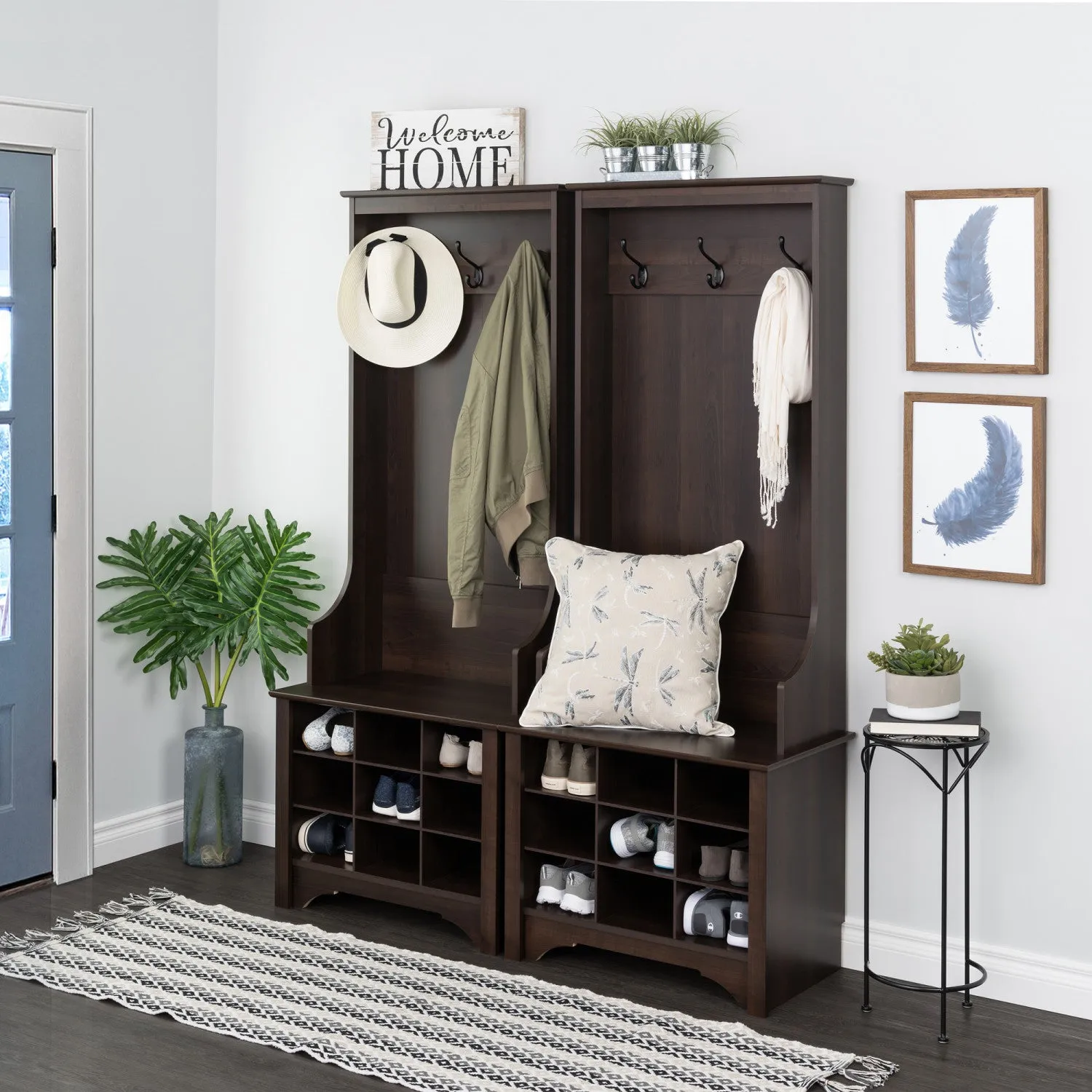 Narrow Hall Tree with Nine Shoe Cubbies - Espresso|Portemanteau étroit avec 9 compartiments à chaussures - espresso