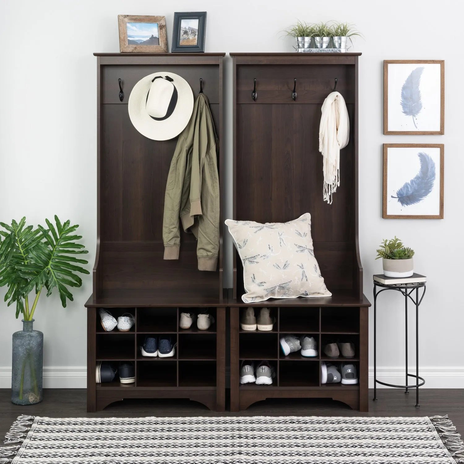 Narrow Hall Tree with Nine Shoe Cubbies - Espresso|Portemanteau étroit avec 9 compartiments à chaussures - espresso