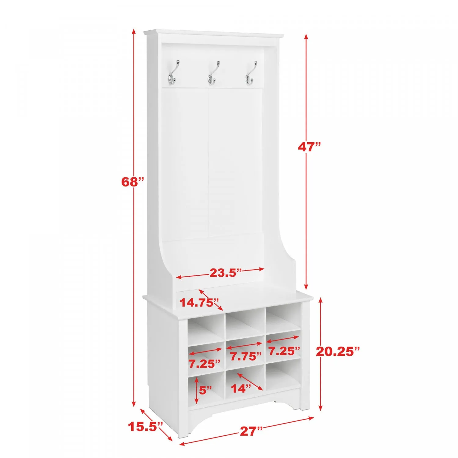Narrow Hall Tree with Nine Shoe Cubbies - White|Portemanteau étroit avec 9 compartiments à chaussures - blanc