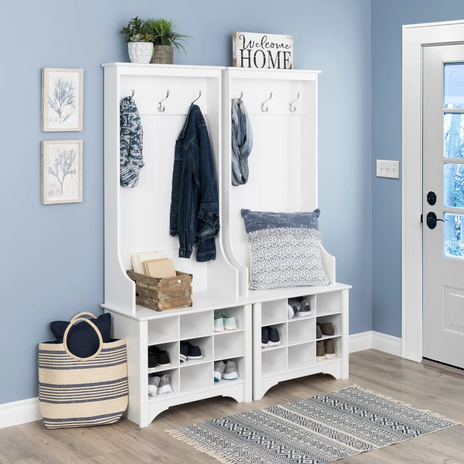 Narrow Hall Tree with Nine Shoe Cubbies - White|Portemanteau étroit avec 9 compartiments à chaussures - blanc