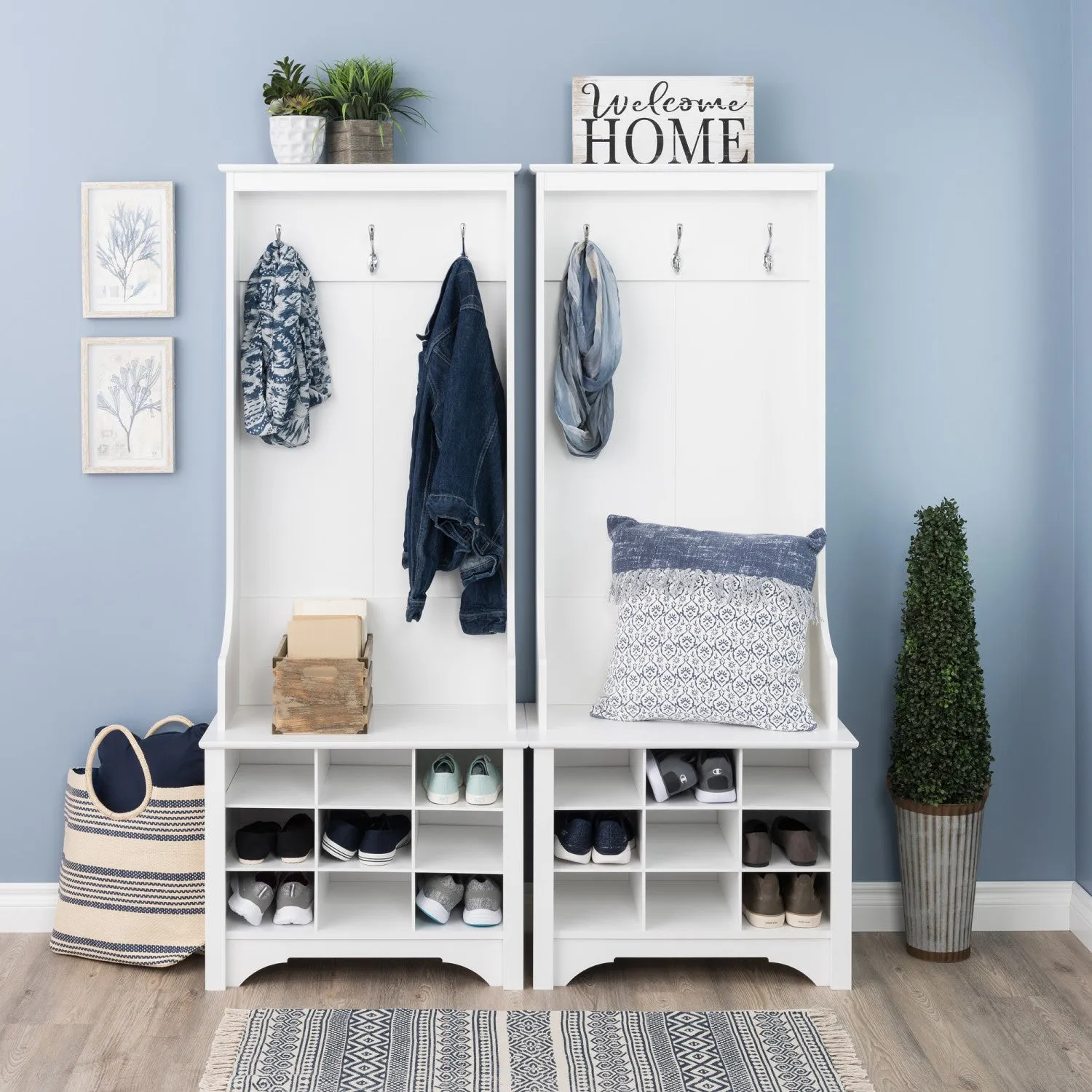Narrow Hall Tree with Nine Shoe Cubbies - White|Portemanteau étroit avec 9 compartiments à chaussures - blanc
