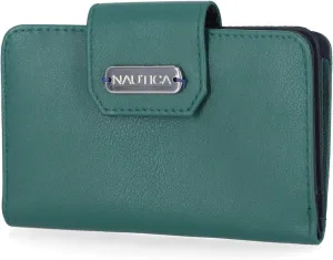 Nautica Womens, Close Reach Vegan Leather RFID Wallet, Small Credit Card Holder Purse with Zipper Coin Pocket and ID Window in Green Leaf