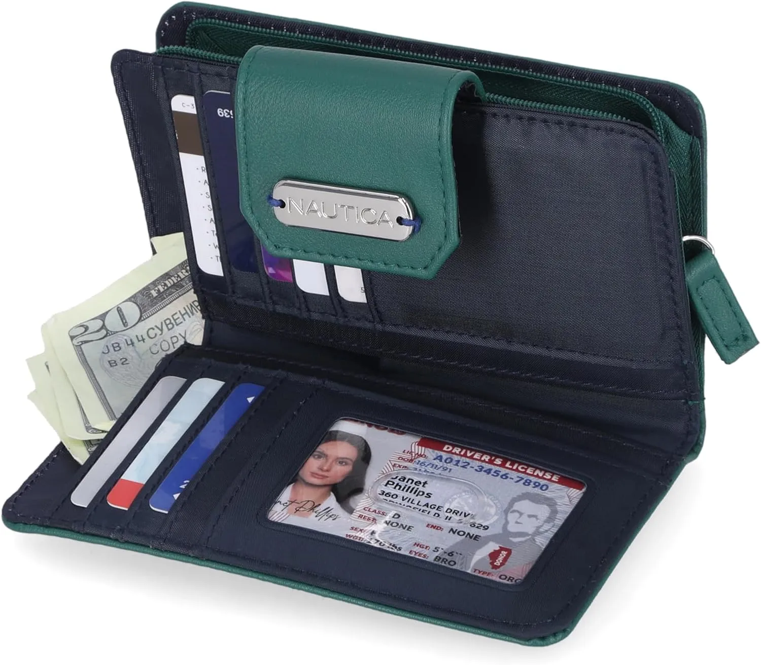 Nautica Womens, Close Reach Vegan Leather RFID Wallet, Small Credit Card Holder Purse with Zipper Coin Pocket and ID Window in Green Leaf