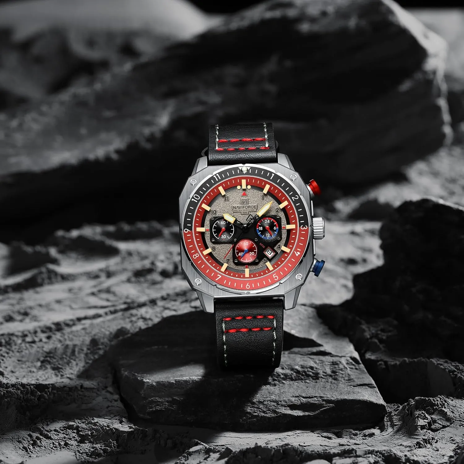 NAVIFORCE Men's Fashion Sport Watches Military Square Big Face Waterproof Chronograph Wristwatch with Luminous Hands,Leather Strap